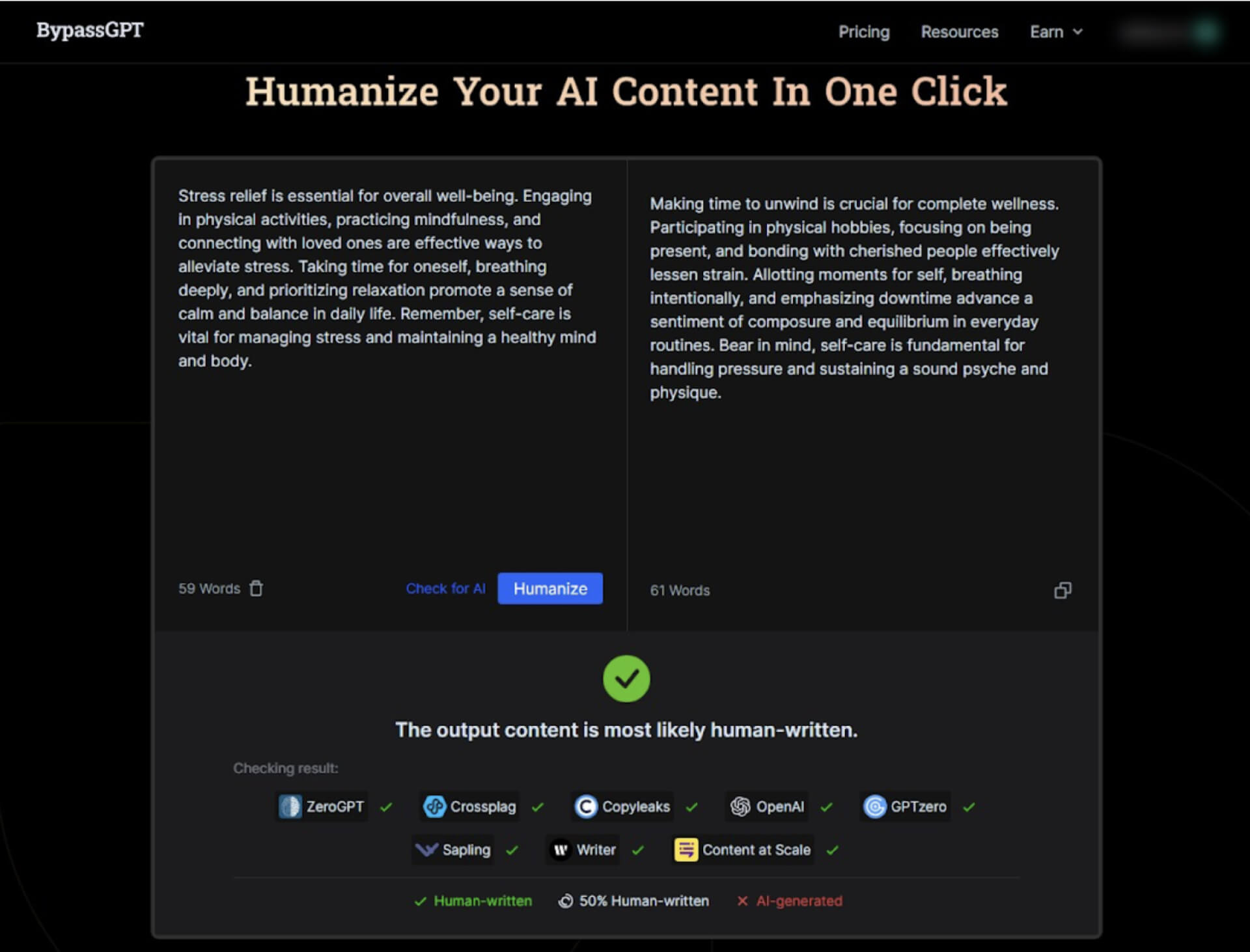 See the effectiveness of BypassGPT with the text we just used: